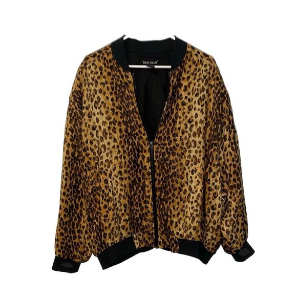 SILK CLUB Women's Size M 100% Silk" Cheetah Print Full Zip Bomber Jacket - Picture 1 of 5